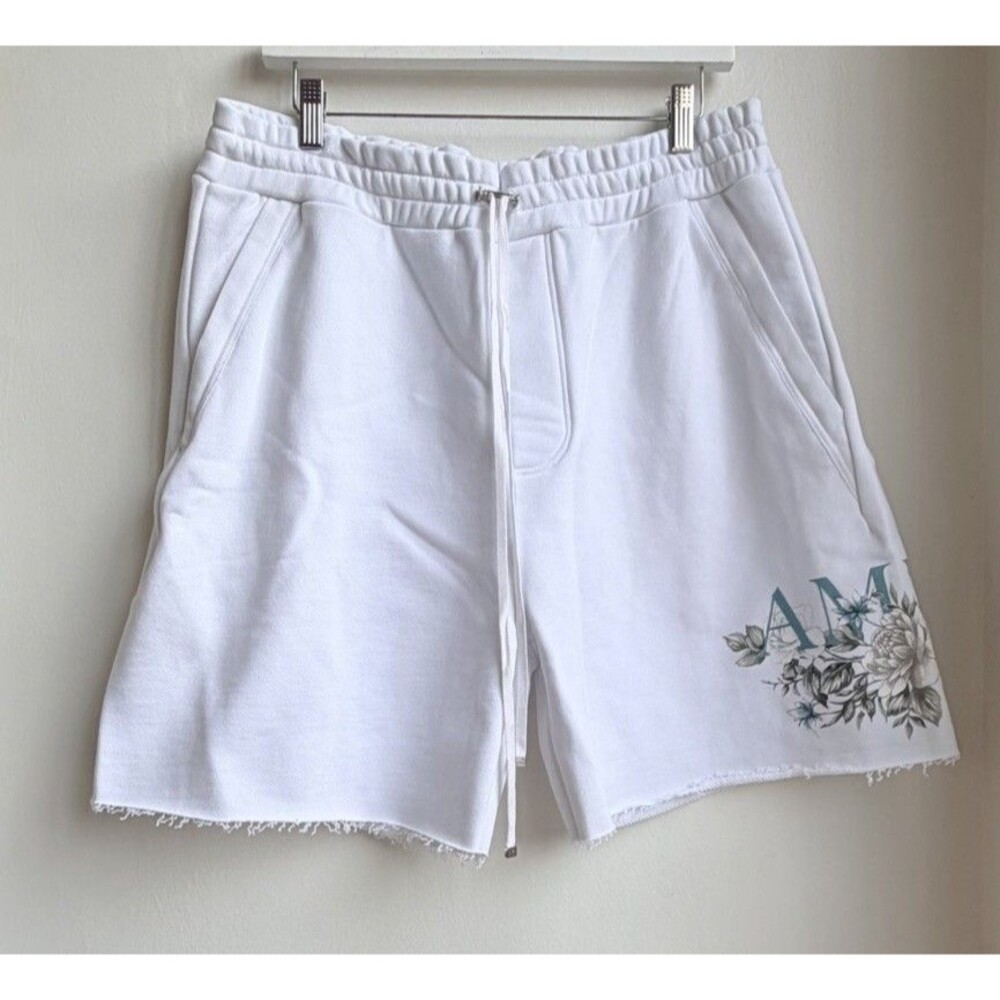 Amiri Floral Logo Sweat Shorts White Cotton Mens  Size XL  New